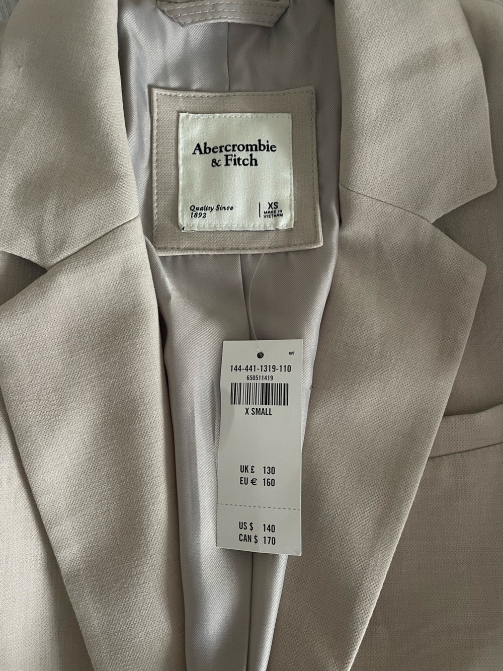 Abercrombie & Fitch Light Beige Single-Breasted Blazer NWT